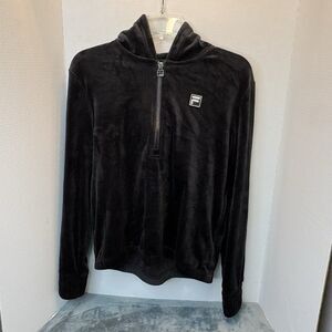 FILA Black Velour Half Zip Hoodie Women’s Small Plush Pullover Athleisure Sporty